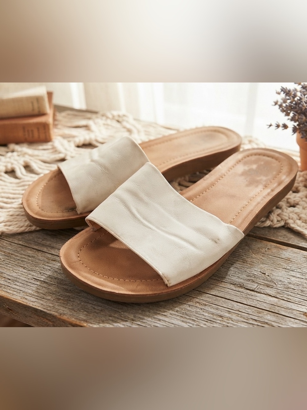 Women's Cream Slide Sandals with Wide Strap
